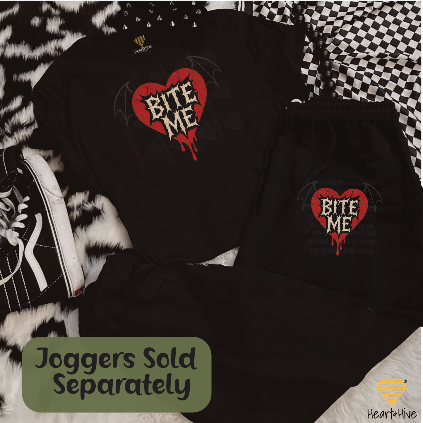 Bite Me Bat Winged Heart Design // Spooky Valentines Day // Optional Bleeding Heart Sleeves // BLACK