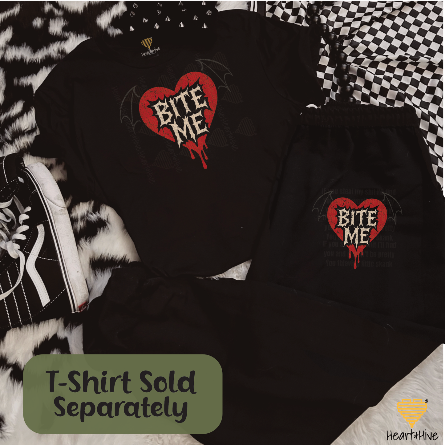 Bite Me Bat Wing Bleeding Heart Design // Unisex Softstyle Joggers // BLACK