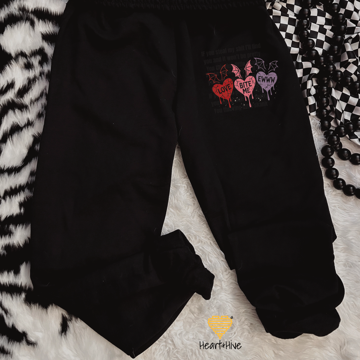 Love, Bite Me, Eww Cute Bat Winged Candy Heart Design // Unisex Softstyle Joggers // BLACK