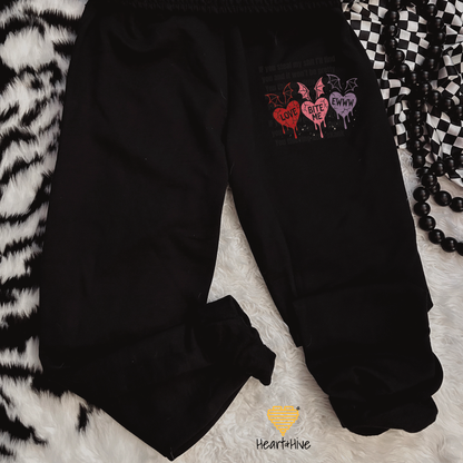 Love, Bite Me, Eww Cute Bat Winged Candy Heart Design // Unisex Softstyle Joggers // BLACK