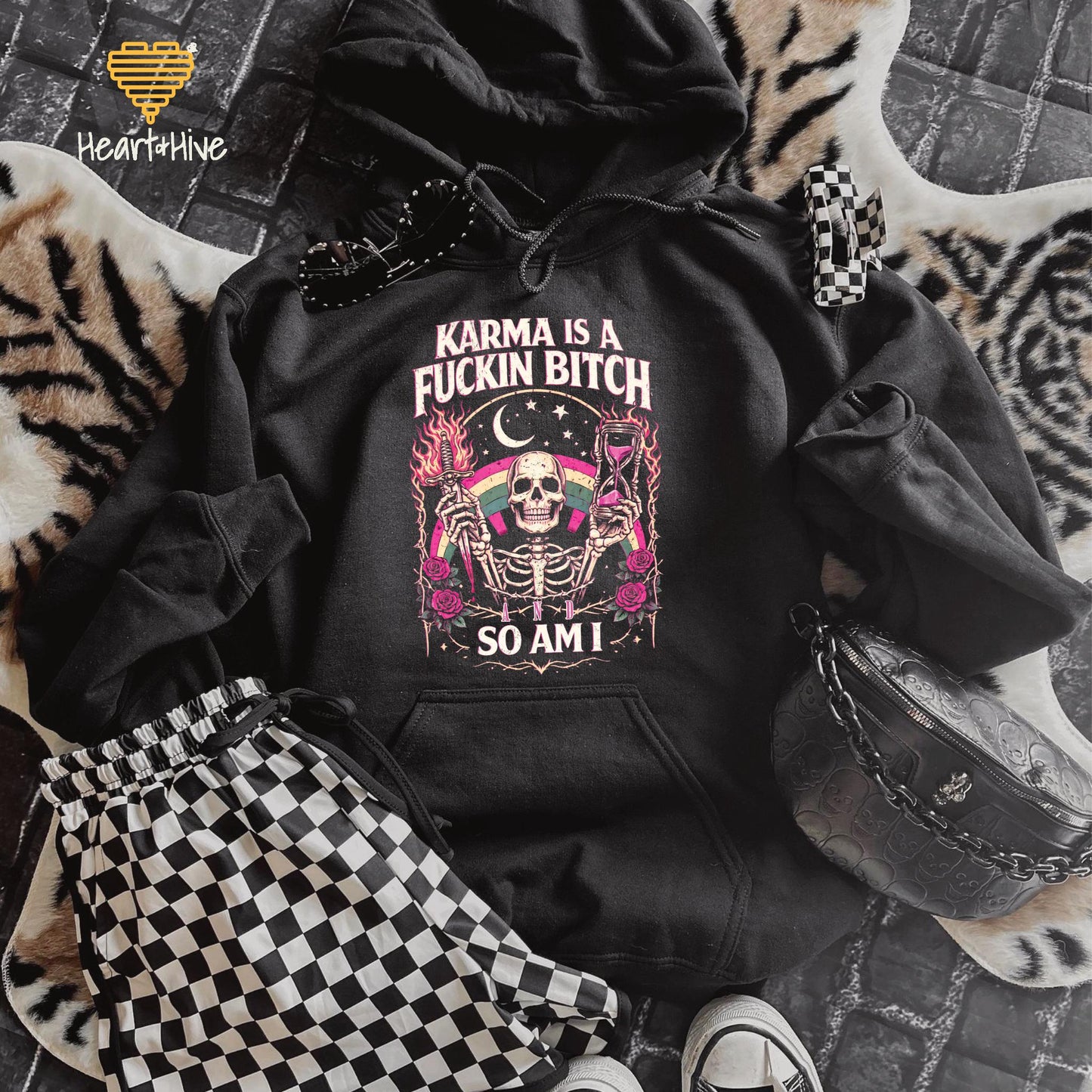 Karma is a Fuckin Bitch and So Am I Skeleton • Snarky Spooky Tee • Sarcastic Skelly Hoodie • Dark Humor Sweatshirt • Mystic Goth Crop Fleece