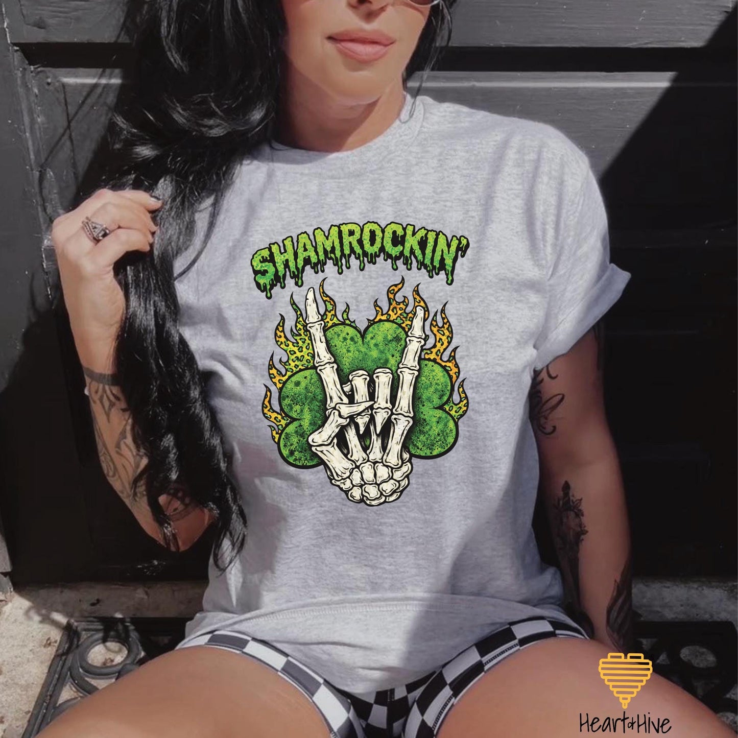 Shamrockin' Skeleton Hand Four Leaf Clover Design • St Patrick Tee • Lucky Irish Crop Fleece • Patty's Day Sweatshirt • Matching Sweatpants