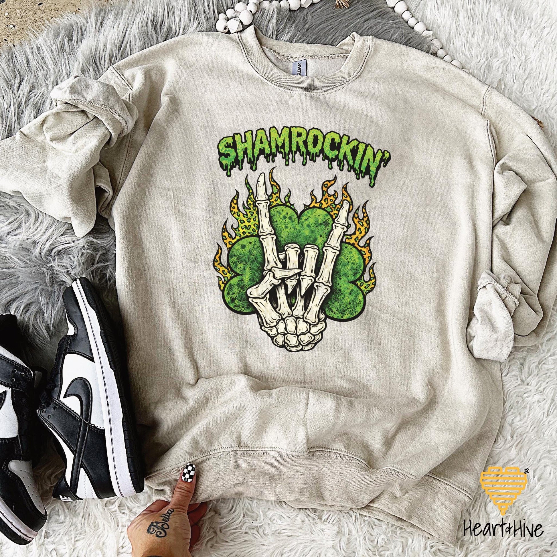 Shamrockin' Skeleton Hand Four Leaf Clover Design • St Patrick Tee • Lucky Irish Crop Fleece • Patty's Day Sweatshirt • Matching Sweatpants