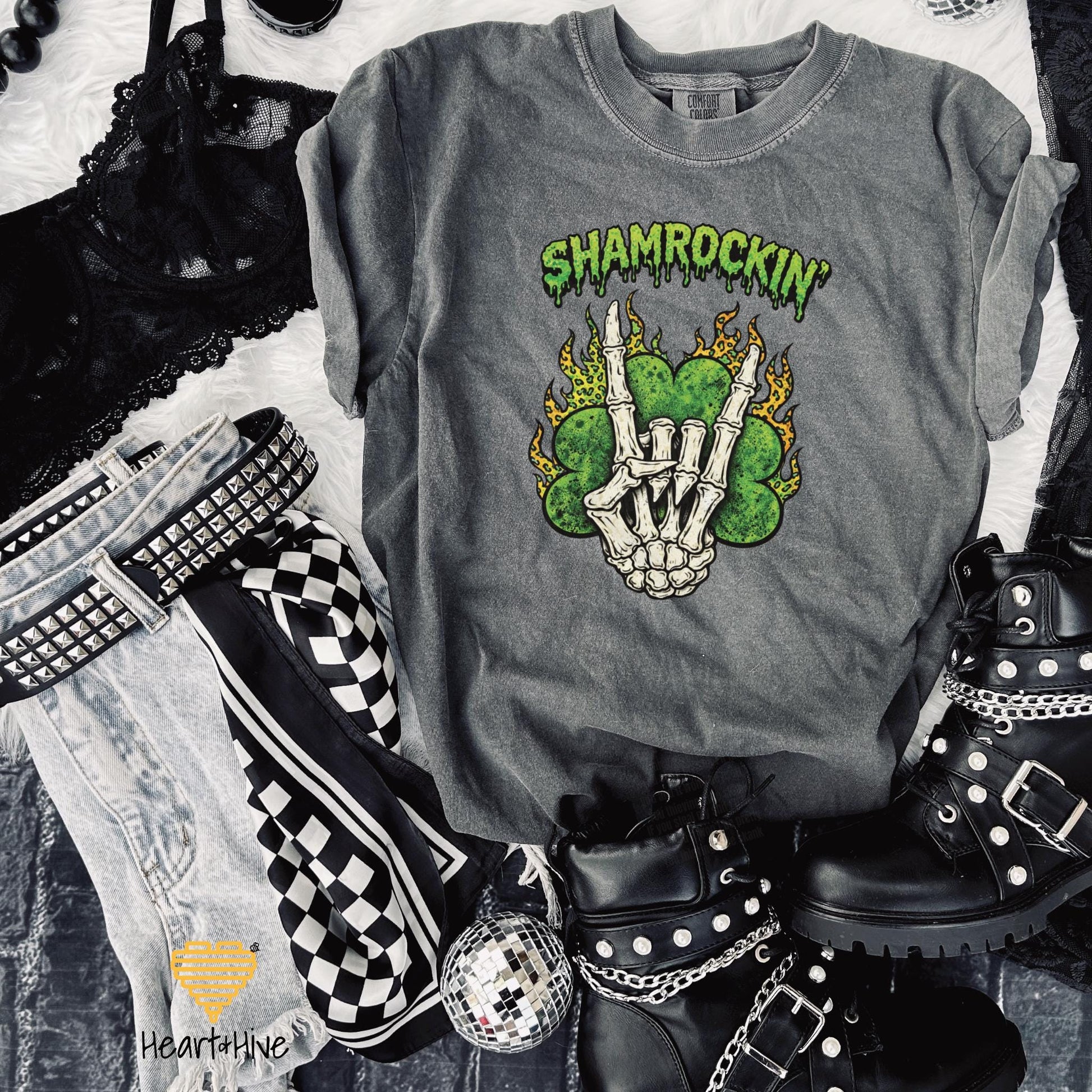 Shamrockin' Skeleton Hand Four Leaf Clover Design • St Patrick Tee • Lucky Irish Crop Fleece • Patty's Day Sweatshirt • Matching Sweatpants