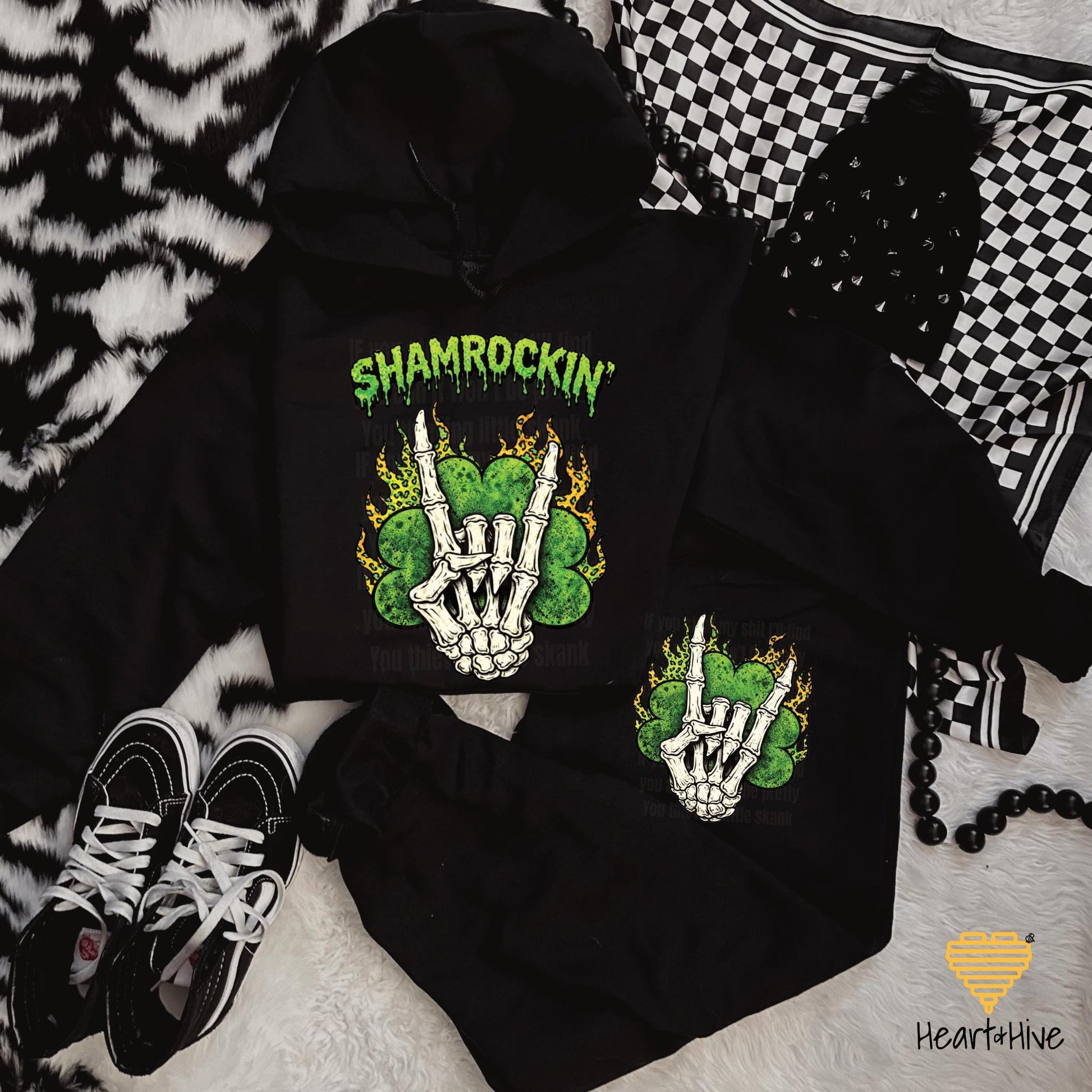 Shamrockin' Skeleton Hand Four Leaf Clover Design • St Patrick Tee • Lucky Irish Crop Fleece • Patty's Day Sweatshirt • Matching Sweatpants