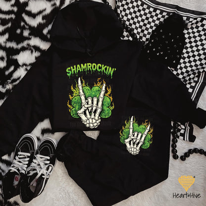 Shamrockin' Skeleton Hand Four Leaf Clover Design • St Patrick Tee • Lucky Irish Crop Fleece • Patty's Day Sweatshirt • Matching Sweatpants