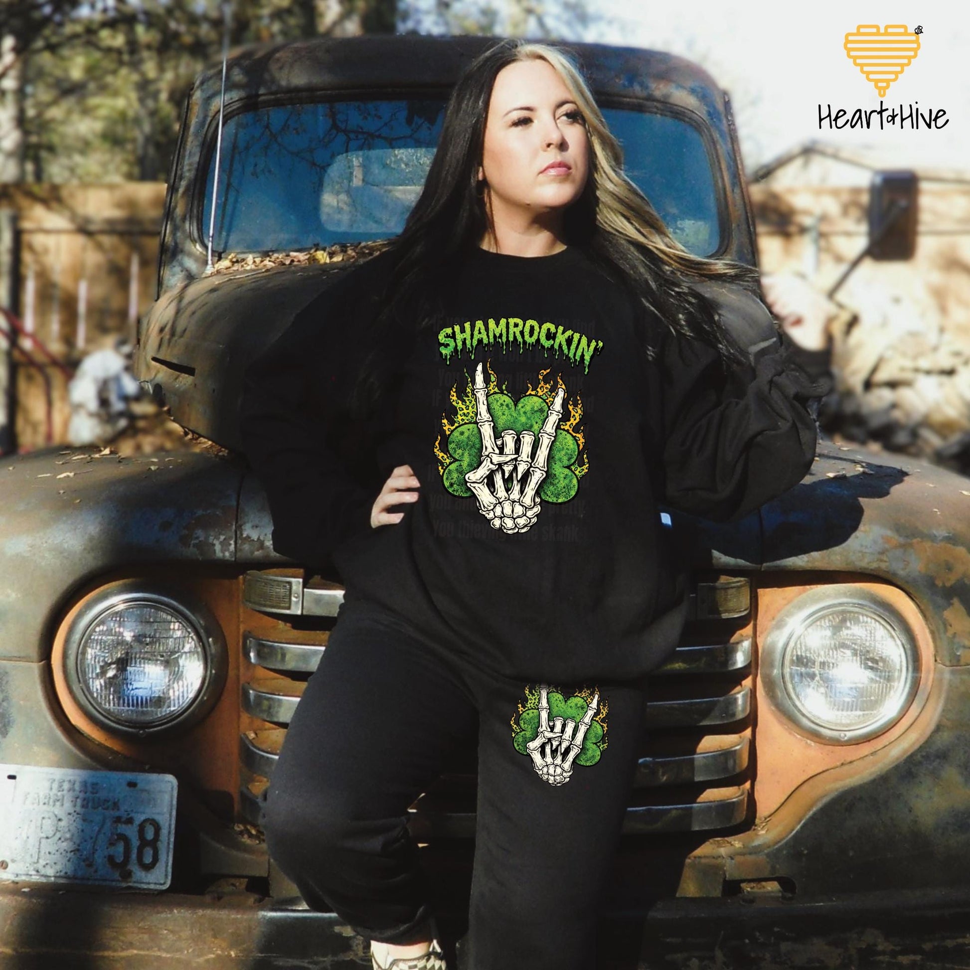 Shamrockin' Skeleton Hand Four Leaf Clover Design • St Patrick Tee • Lucky Irish Crop Fleece • Patty's Day Sweatshirt • Matching Sweatpants