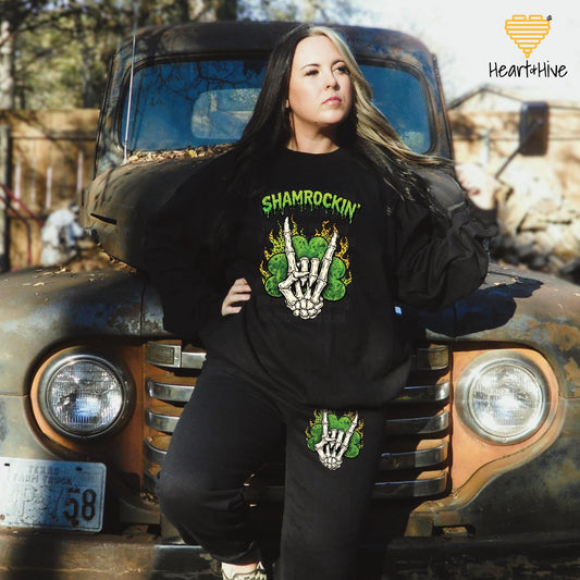 Shamrockin' Skeleton Hand Four Leaf Clover Design • St Patrick Tee • Lucky Irish Crop Fleece • Patty's Day Sweatshirt • Matching Sweatpants