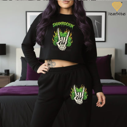 Shamrockin' Skeleton Hand Four Leaf Clover Design • St Patrick Tee • Lucky Irish Crop Fleece • Patty's Day Sweatshirt • Matching Sweatpants